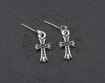 CH In box 925 Silver Black Zircon cross Drop Earrigns unisex Jewelry Gothic design punk Birthday Party Gift