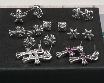 CH In box 925 Silver Vintage classic Cross Shield Eternal Vine Flower Anchor Earrigns unisex Jewelry Gothic design punk Birthday Party Gift