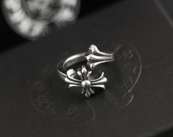 CH In Box 925 Silber Vintage Klassik Kreuz Blume Welle Fischschwanz Ring Gothic Design Schmuck Unisex Punk Geburtstagsgeschenk