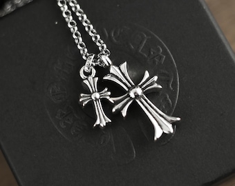 CH In box 925 Silver Vintage classic Double Cross Pendant Necklace Unisex Gothic design jewelry punk birthday party Gift 23 In