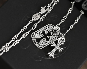 CH In box 925 Silver Vintage classic Zircon Cross Dog Tag Pendant Necklace Gothic design Bamboo Chain jewelry Unisex punk party Gift 23 In