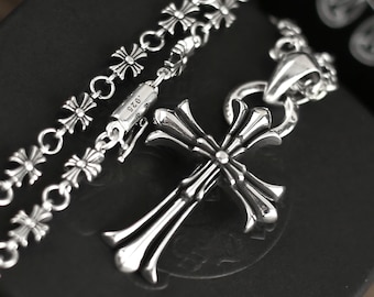 CH In box 925 Silver Vintage classic Stacked crosses Pendant Necklace Gothic design Unisex jewelry Cross Flowers chain punk party Gift 23 In