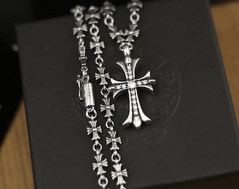 CH In box 925 Silver Vintage classic Zircon Cross Pendant Necklace Cross flower chain Gothic design Unisex jewelry punk party Gift 23 In
