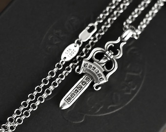 CH In box 925 Silver Vintage classic Small Dagger Pendant Necklace Unisex jewelry Gothic design punk birthday party Gift 23 In