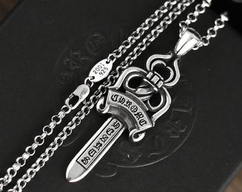 CH In box 925 Silver Vintage classic Big Sword Pendant Necklace Unisex jewelry Gothic design punk birthday party Gift 23 In