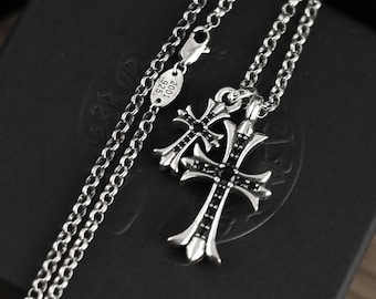 CH In box 925 Silver Vintage classic Black Zircon Double Cross Pendant Necklace Unisex jewelry Gothic design punk birthday party Gift 23 In