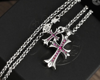 CH En caja Plata 925 Vintage clásico Collar con colgante de doble cruz de circonita roja Joyería unisex Diseño gótico punk Regalo para fiesta de cumpleaños 23 En