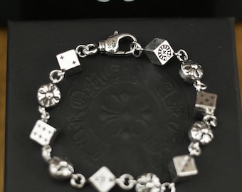 CH In box 925 Silver Vintage classic Dice beads Bracelet unisex Jewelry Gothic design chain punk Birthday Party Gift