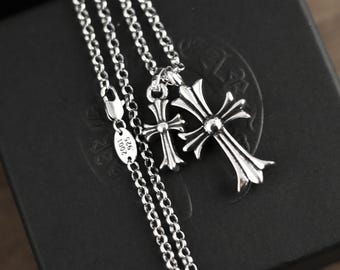 CH In box 925 Silver Vintage classic Double Cross Pendant Necklace Unisex Gothic design jewelry punk birthday party Gift 23 In