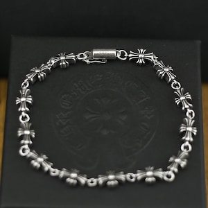 CH In Box 925 Silber Vintage Klassik Kreuz Blumenkette Armband Unisex Schmuck Gothic Design Punk Geburtstagsgeschenk