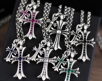 CH In box 925 Silver Vintage classic punk Double Cross Pendant Necklace Unisex jewelry Gothic design birthday party Gift 23 In