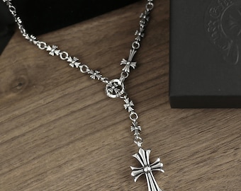 CH In box 925 Silver Vintage classic Cross Pendant Necklace Gothic design Unisex jewelry Cross Flowers chain punk birthday party Gift 23 In