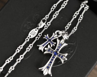 CH In Box 925 Silber Vintage Klassik Blauer Zirkon Doppelkreuz Anhänger Halskette Gothic Design Bambuskette Schmuck Punk Party Geschenk 23 Inch
