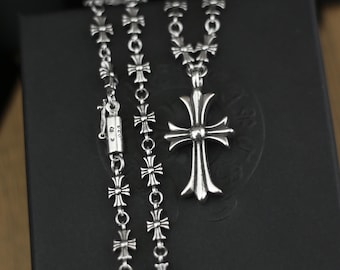 CH En caja 925 Plata Vintage clásico Cruz colgante collar diseño gótico joyería unisex Cruz flores cadena punk fiesta regalo 23 pulgadas