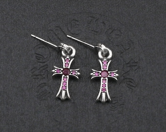 CH In box 925 Silver Red Zircon cross Drop Earrigns unisex Jewelry Gothic design punk Birthday Party Gift