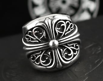 CH In box 925 Silver Vintage classic Cross Flower Vine Ring Gothic design jewelry Unisex punk birthday party Gift