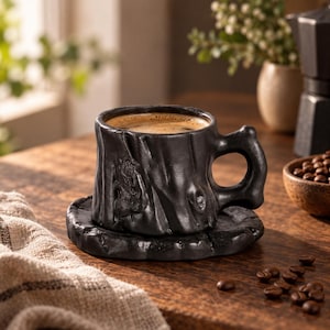 Trädstubbe Keramisk mugg och fatset, Barktexturerad kaffekopp, Wabi Sabi naturälskare present