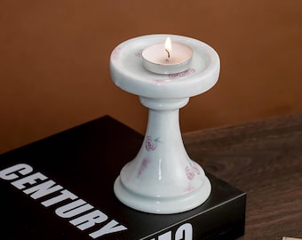 Bougeoir rose peint à la main, déco cottagecore vintage, photophore en céramique, cadeau romantique pour elle