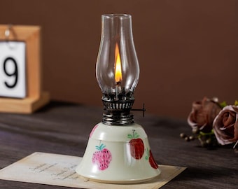 Lámpara de aceite de cerámica con diseño de fresa pintada a mano, lámpara de chimenea de vidrio vintage, linda decoración frutal, iluminación estética, regalo.