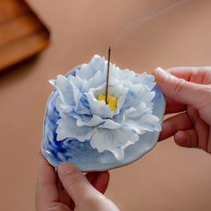 Handmade Peony Ceramic Incense Holder with Tray Blue White Flower Incense Burner Floral Incense Stick Holder Zen Decor Gift