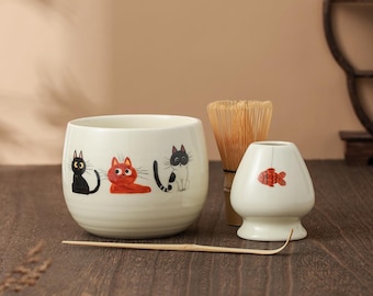Hand Painted Cute Cats Matcha Bowl Set, Chasen Holder Matcha Gift Set for Cat Lovers