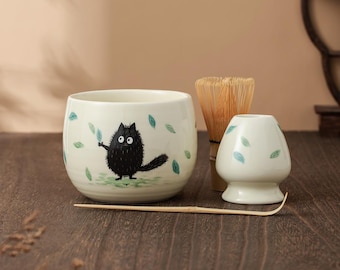 Hand Painted Black Cat Chawan with Falling Leaves with Chasen Holder Ceramic Tea Ceremony Gift Set