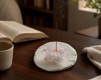 Handmade Pink Peony Ceramic Incense Holder with Tray, Flower Incense Stick Burner, Meditation & Home Decor Gift