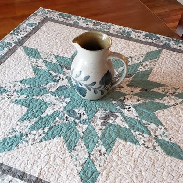 Quilted Table Topper, Lonestar Pattern, Modern Colors of White, gray, green and silver, Quiltsy Handmade