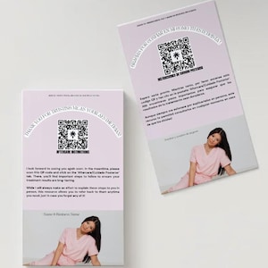 May include: Two light purple rectangular cards with text and a QR code. One card is upright, and the other is angled. The cards have a photo of a person wearing a pink uniform. The text on the cards says "Thank you for trusting me as your aesthetician."