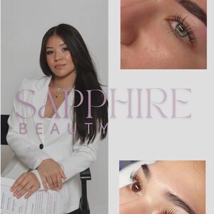 May include: Image promoting a lash lift mastery course. The image features a woman in a white blazer, the Sapphire Beauty logo, and close-up shots of lifted eyelashes. The text "LASH LIFT MASTERY COURSE" is at the top.