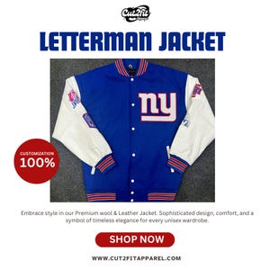 May include: A blue and white letterman jacket with the text "LETTERMAN JACKET" at the top. The jacket features the letters "ny" in white with a red outline. The sleeves are white, and the jacket has red and blue striped cuffs. The image also includes the text "CUSTOMIZATION 100%" and "SHOP NOW".