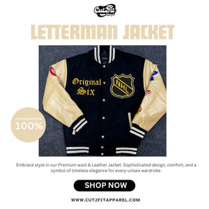 Puede incluir: Chaqueta tipo 'letterman' negra con mangas color beige. Presenta el texto "Original Six" en dorado y un logo "NHL". Tiene rayas blancas en el cuello, puños y dobladillo. También incluye el texto "Letterman Jacket" y un botón "Shop Now".