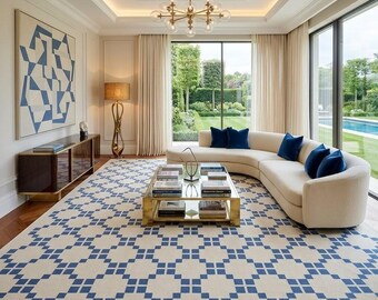 Hand Knotted Wool Rug, Blue Geometric Rug, Lattice Pattern Rug, Ivory Area Rug, Luxury Handmade Carpet 9x12