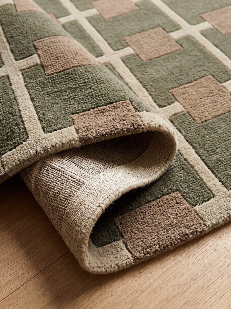 Hand Tufted Wool Rug, Modern Geometric Area Rug, Olive Gray Brown Beige ...