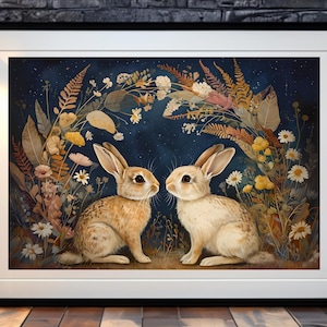 Twin Rabbits Wall Art PRINT | Mystical Gothic Animal Decor | Dark Academia Woodland Art | Whimsigoth Decor I Printed Museum-Quality Poster