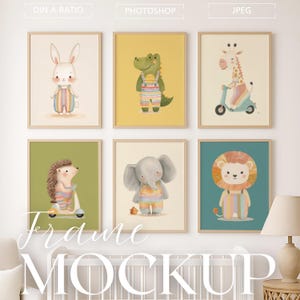 May include: Six framed art prints featuring adorable animal illustrations. The prints showcase a bunny, crocodile, giraffe on a scooter, hedgehog on a scooter, elephant, and lion. Each animal is wearing colorful overalls. The frames are light wood.