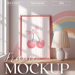 Mockup Marco Boho para Habitación de Bebé | Escena de Póster A3 A4 | PSD y JPEG para Canva y Photopea | Marco Madera Beige Claro con Bebé