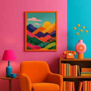 Peut inclure: Peinture de paysage de montagne encadrée en orange, avec un coucher de soleil, accrochée à un mur rose. Un fauteuil orange assorti est en dessous. Une lampe rose et une tasse bleue sont sur une table d'appoint. Un vase avec des fleurs jaunes est sur une étagère.