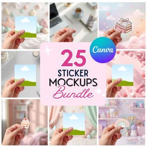 Nuovo Bundle di 25 Mockup di Sticker Tenuti in Mano, Modificabile su Canva — Download Digitale Immediato