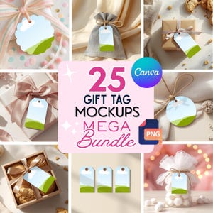 Pode incluir: Uma coleção de mockups de etiquetas de presente, com várias formas e tamanhos. As etiquetas têm um design de céu e paisagem verde. A imagem inclui o texto "25 Gift Tag Mockups Mega Bundle" e um logotipo Canva.