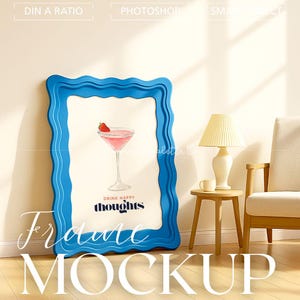Mockup di poster con cornice ondulata Groovy PSD – Espositore da parete retrò Y2K – Oggetto intelligente formato A3 A4 DIN – Scena di colori funky – Cornice ondulata artistica