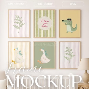 6 Kinderzimmer Rahmen-Mockup, Set mit 6 Wandkunst-Rahmen,A3 A4 Hochformat Poster-Set, Boho Babyzimmer Deko, JPEG PSD für Canva und Photoshop