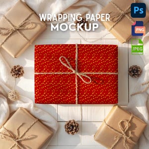May include: A red gift box with a gold dot pattern is tied with twine. Several other wrapped gifts in brown paper with twine are arranged around it. The image includes the text "WRAPPING PAPER MOCKUP".