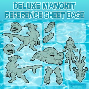 Peut inclure: Une base de feuille de référence Deluxe Manokit de couleur sarcelle, avec diverses poses et parties du corps. Le texte "DELUXE MANOKIT REFERENCE SHEET BASE" est en haut. La base comprend un corps entier, une tête, des pattes et des détails des yeux.