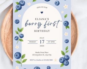 Blueberry Berry First Birthday Invitation, First Birthday Invite Downloadable, Invitation Template for Canva