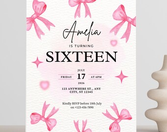 Pink Birthday Invitation for Girls Birthday Bow Invite Digital Birthday Card Customizable Birthday Invitation Canva Template