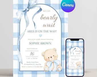 Teddy Bear Baby Shower Invitation for Boys Boho Bear Theme with  We Can Bearly Wait Baby Boy Invite Baby Shower Editable Canva Template