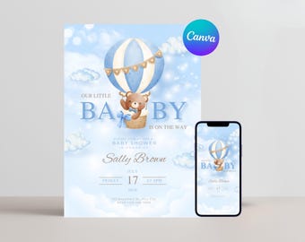 Bear Babyshower Invite Boys Babyshower Invitation Blue Invitation Bear Themed Baby Shower Canva Template Baby The Way Invite