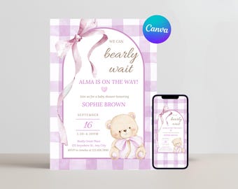 Bear Baby Shower Invitation Girl Baby Shower Invitation Pink Shower Invitation We Can Bearly Wait Baby Shower Canva Template