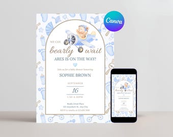 Bear Baby Shower Invitation Boy Baby Shower Invite Blue Shower Invitation We Can Bearly Wait Baby Shower Canva Template